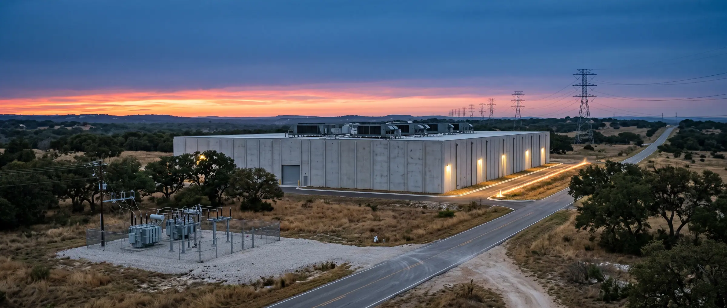 A single low data center building on Texas Hill Country land at dusk, with a substation in front and transmission towers behind.