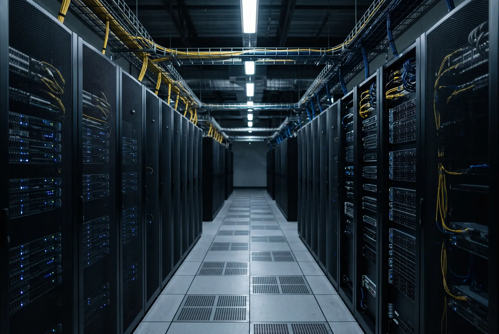 Rows of server racks inside a data hall.