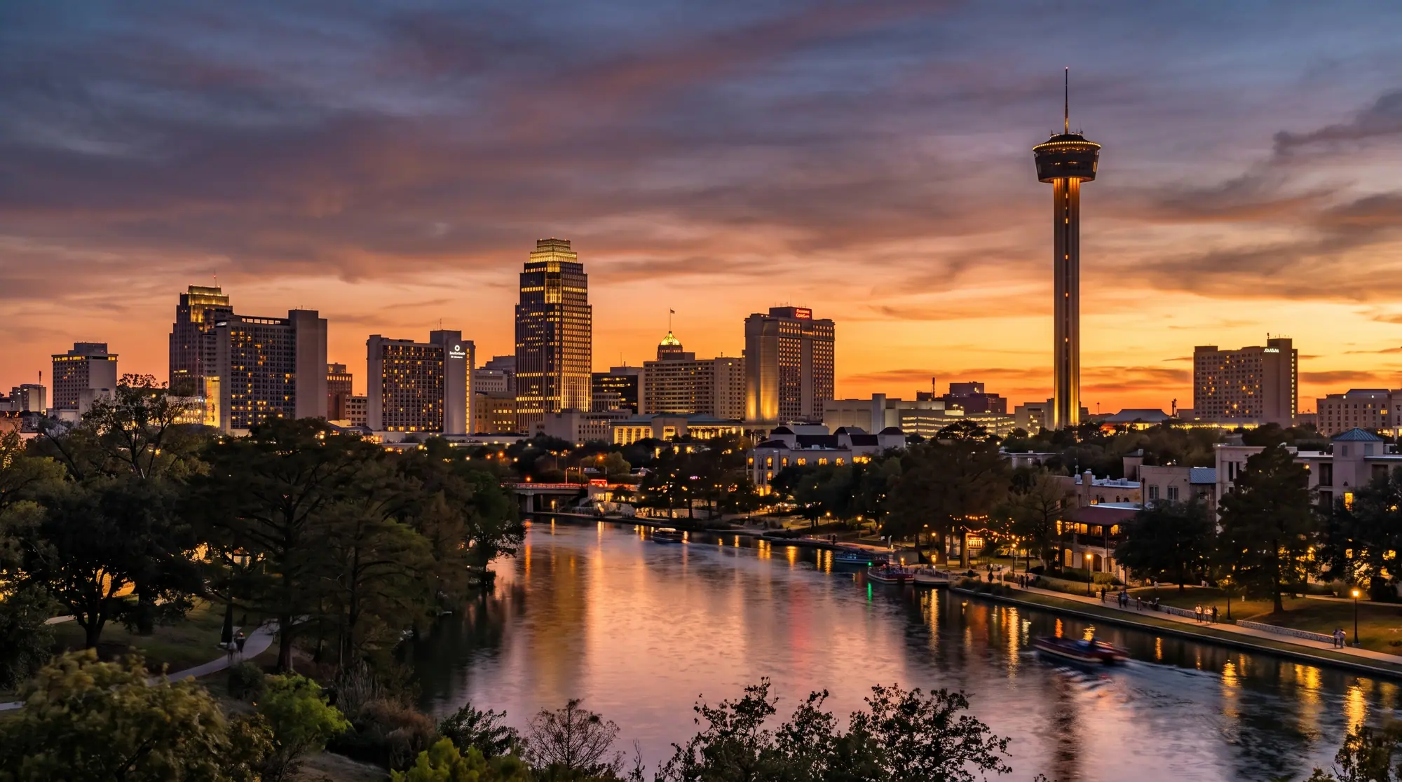 The San Antonio skyline at dusk.